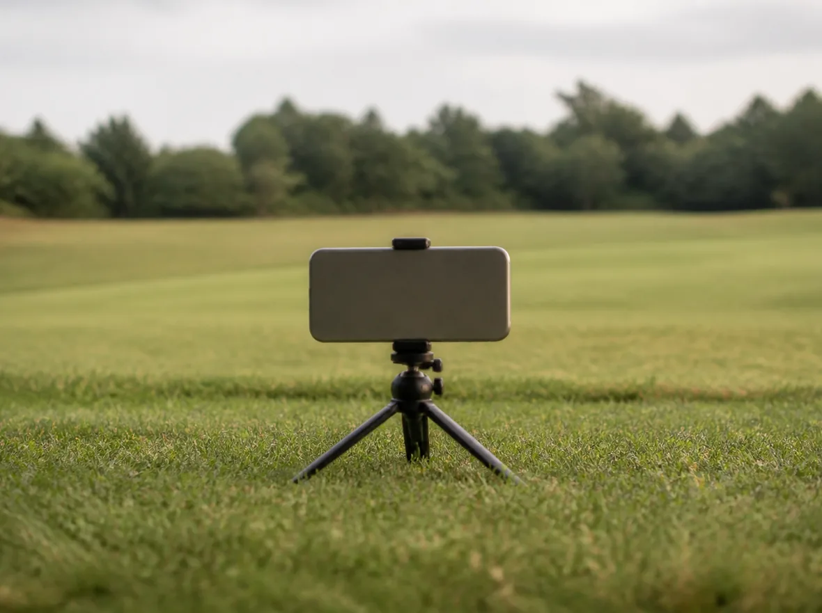 A phone clamped to a low tripod on mown grass, filming an empty practice area, with a blurred treeline behind it.