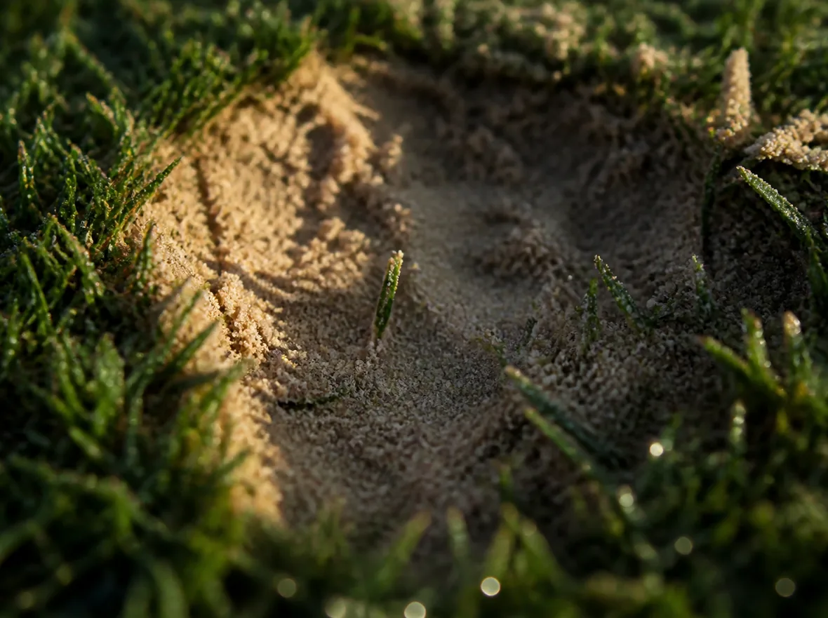Close overhead detail of a shallow divot scar in mown turf with loose pale sand scattered through it.